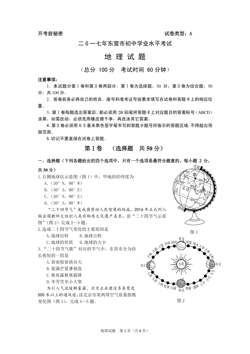 2017年山东省东营市初中学业水平考试地理试题及答案（pdf版）