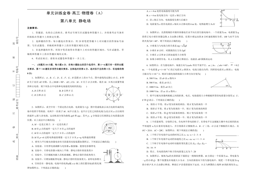 2019年高考物理一轮复习单元AB卷（凝练考点+精选试题）：第八单元 静电场 A卷 Word版含答案