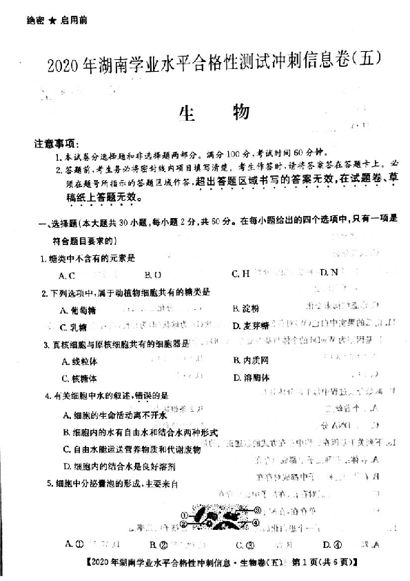 2020年湖南省普通高中学业水平合格性测试冲刺信息卷（五）生物试题 PDF版含答案