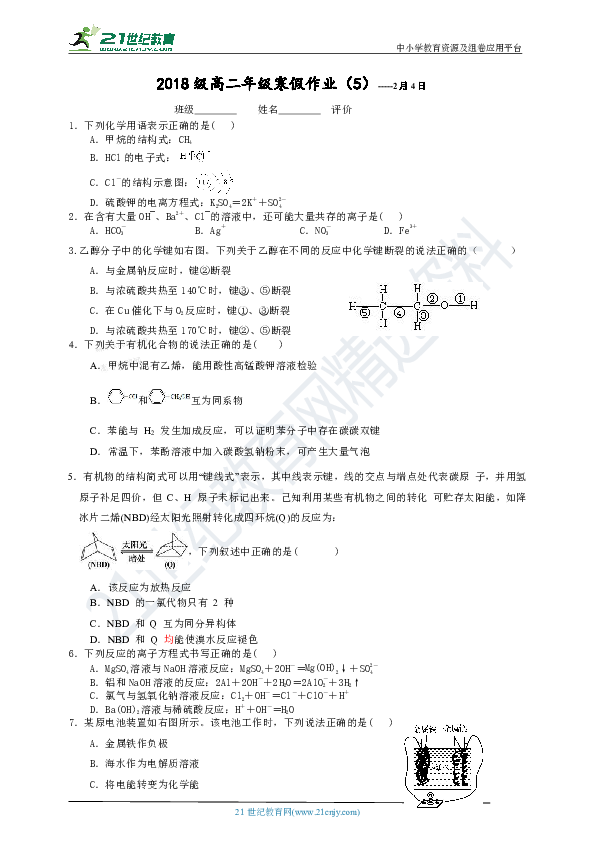 高二年级化学寒假作业+答案（5）