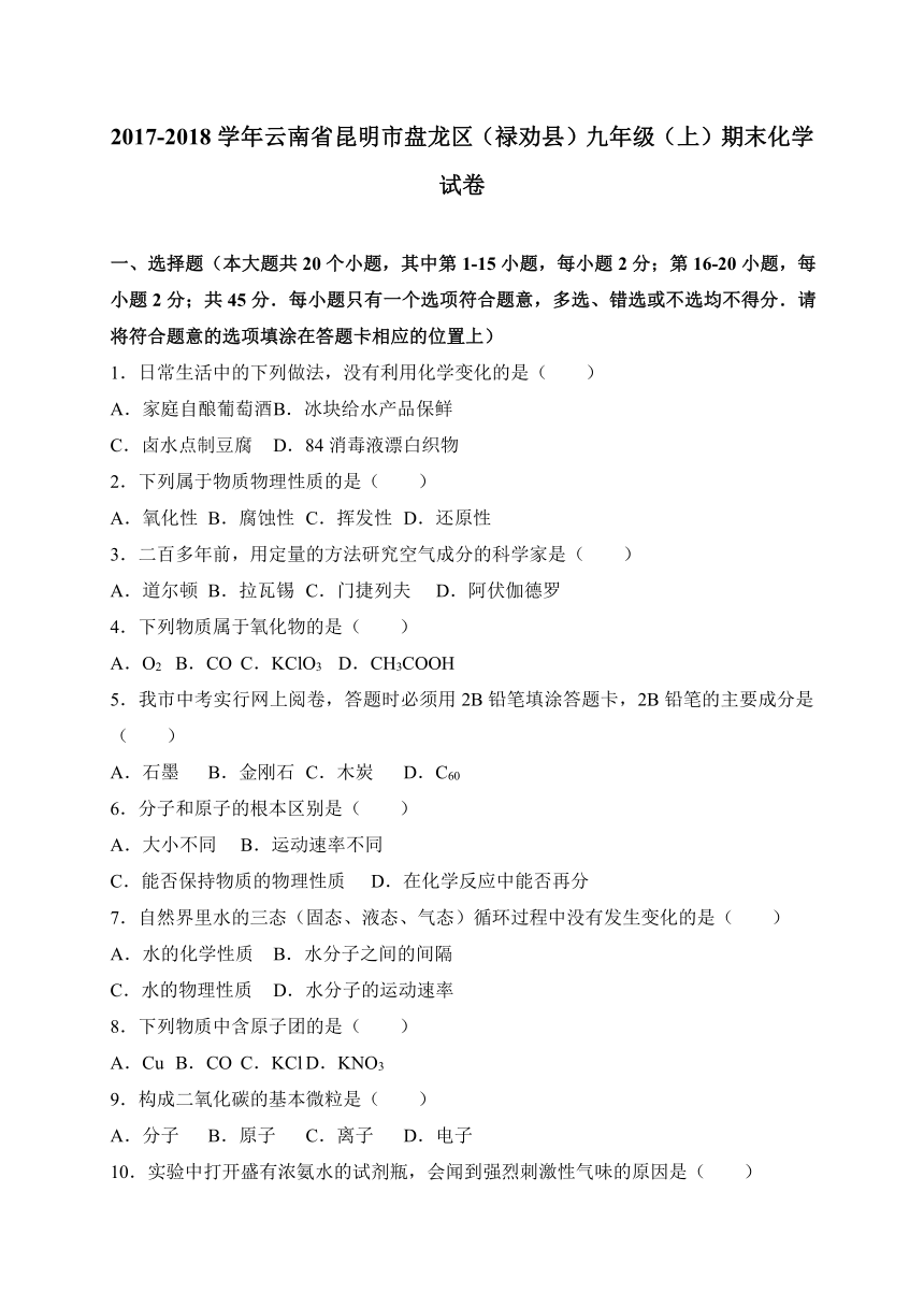 云南省昆明市盘龙区（禄劝县）2017-2018学年九年级上学期期末考试化学试卷（WORD版）