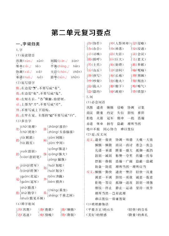 统编版语文五年级上册 第二单元复习要点（PDF版）