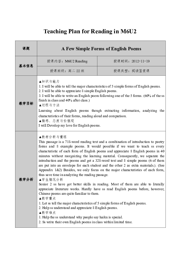 人教版英语选修六Unit 2 poems  Teaching Plan for Reading(表格式)