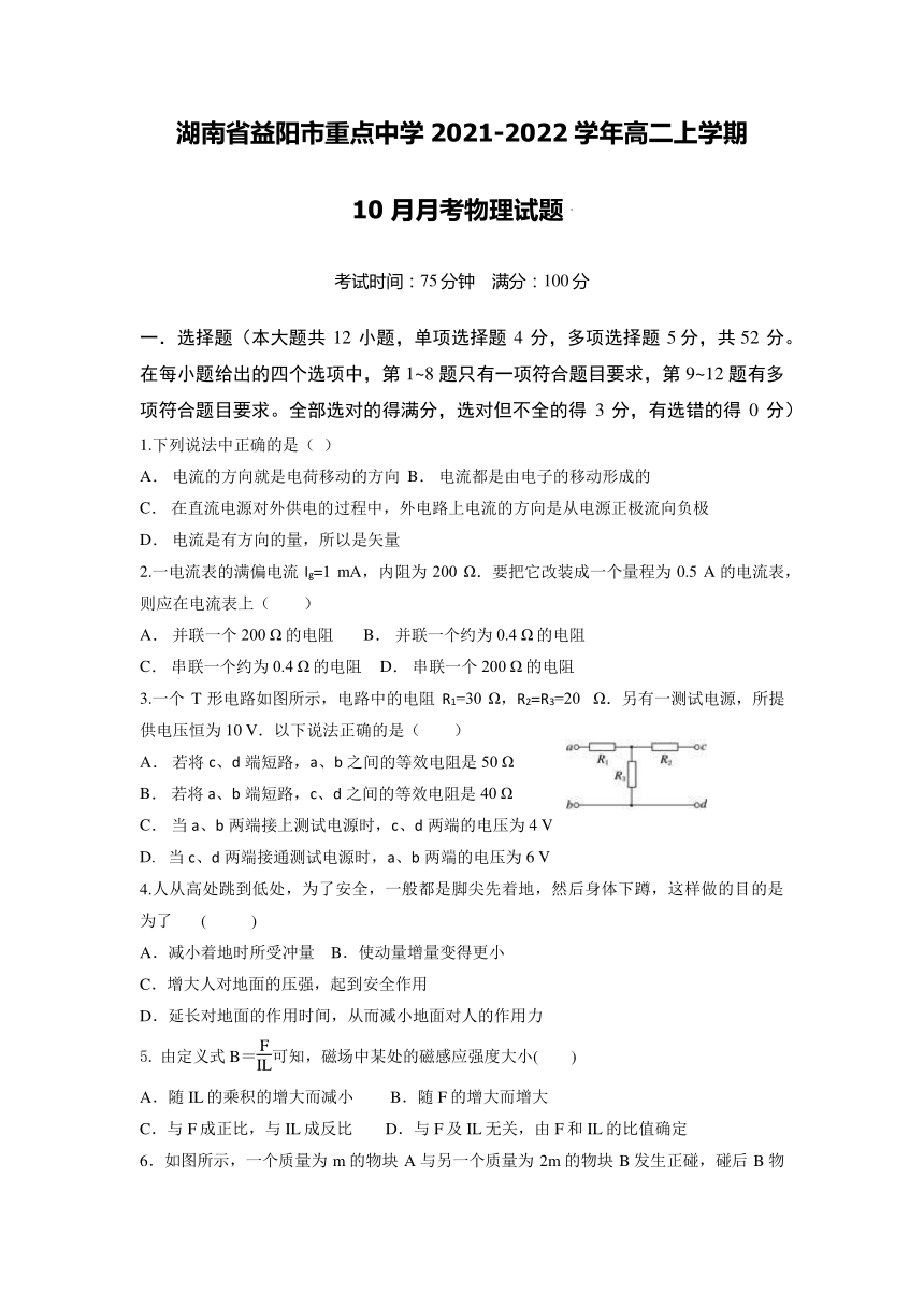 湖南省益阳市重点中学2021-2022学年高二上学期10月月考物理试题  (Word版含答案)