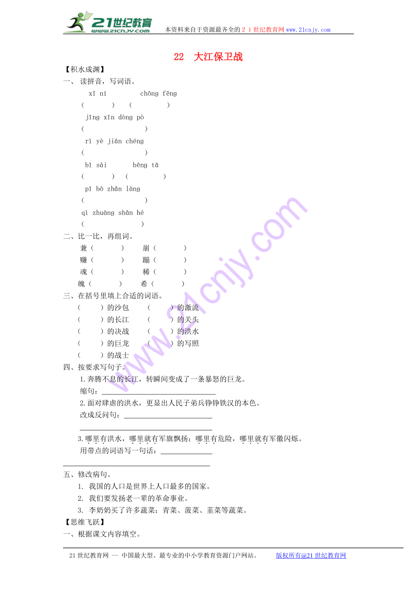 2016-2017学年五年级语文下册同步精炼：22 大江保卫战（苏教版）  有答案