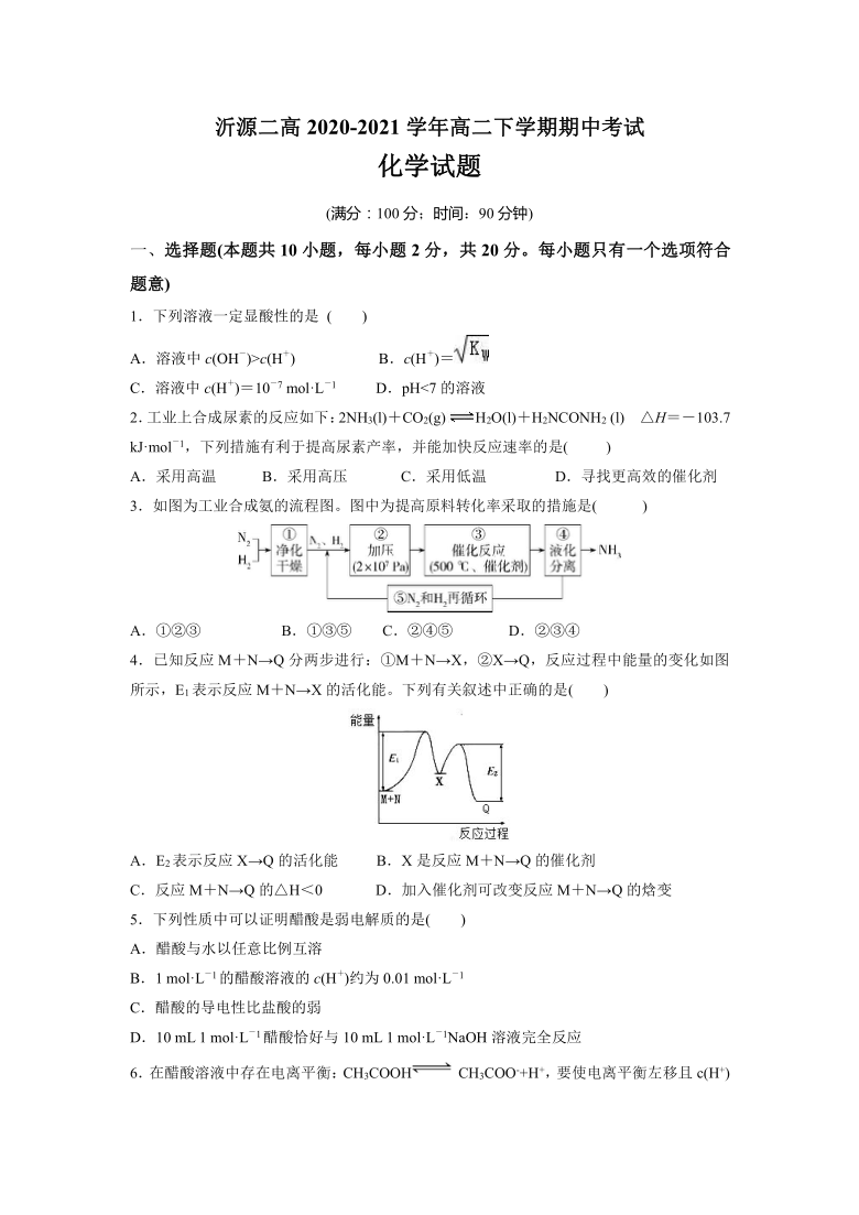 山东省淄博市沂源二高2020-2021学年高二下学期期中考试化学试题 Word版含答案