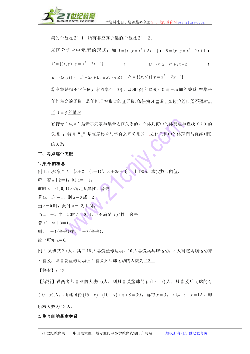 【名师面对面】（人教通用）2014届数学（理）一轮复习知识点逐个击破专题讲座：集合（含教师经验解析）