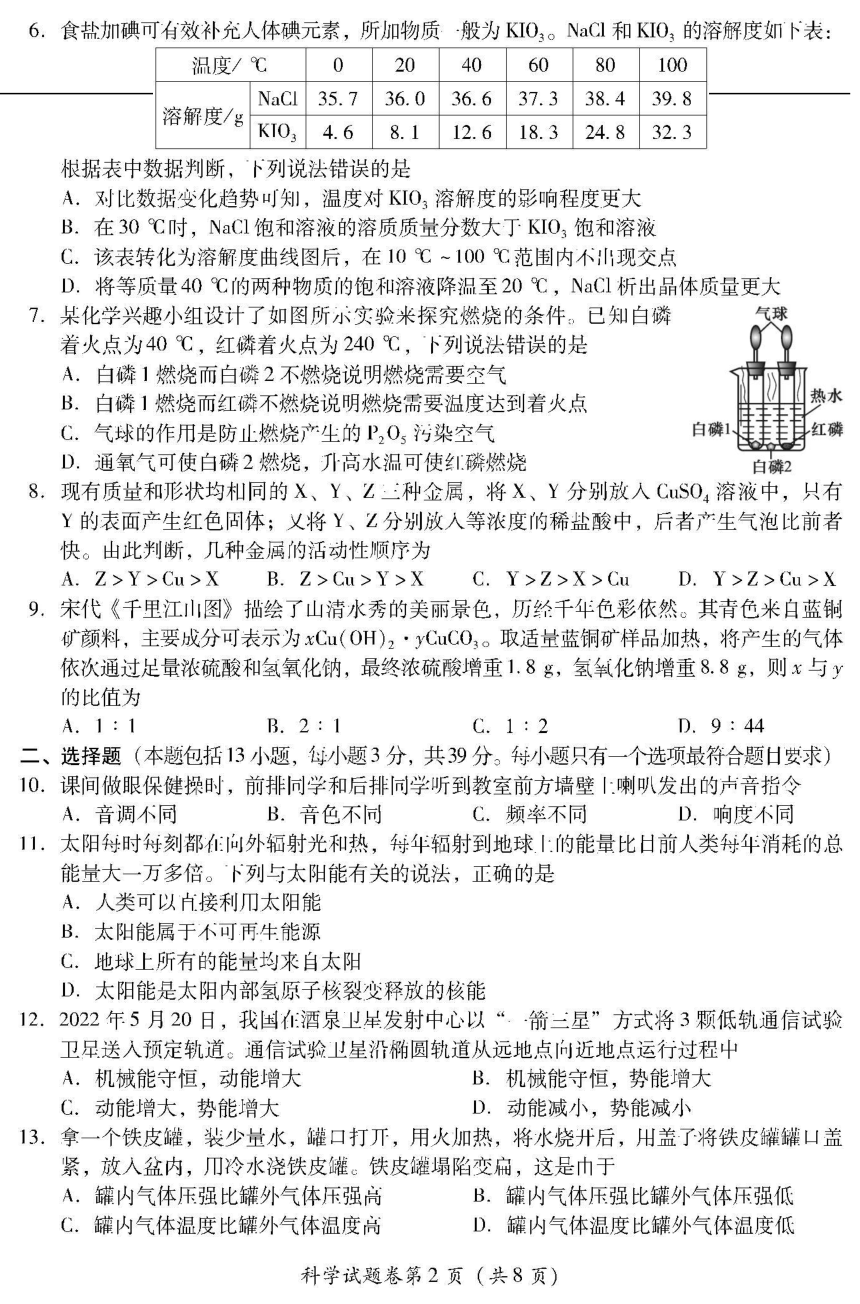 2022年四川省绵阳市初中学业水平考试科学试卷（图片版，含答案）