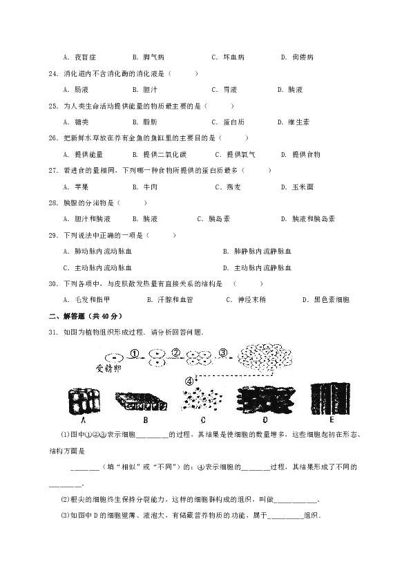 [首发]广东省揭阳市揭西县2020届九年级上学期期末考试生物试题（含答案）
