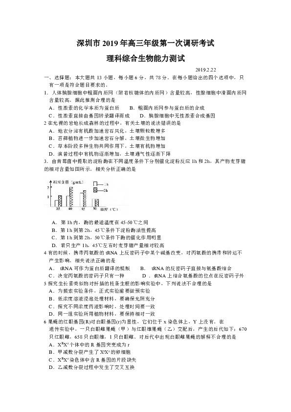 广东省深圳市2019届高三年级第一次调研考试 理综生物