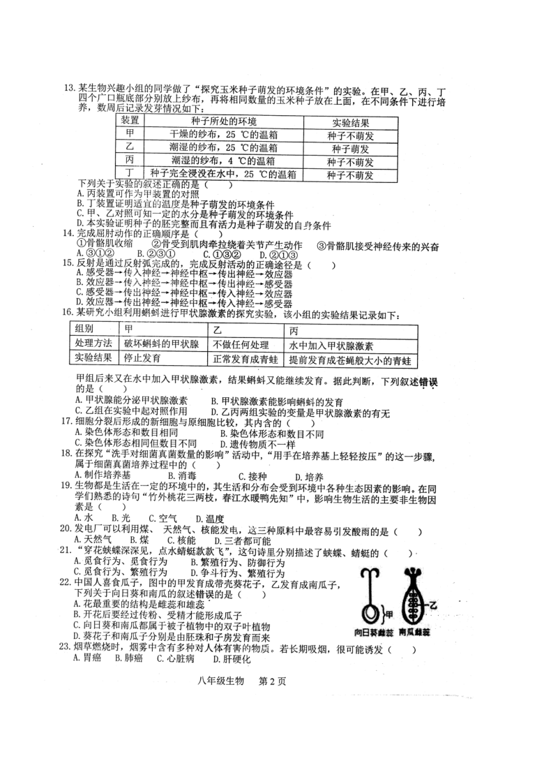 海南省澄迈县2019-2020学年第二学期八年级生物期中考试试题（PDF版，含答案）