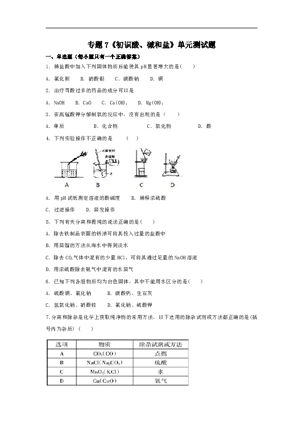 仁爱版初中化学九年级下册专题7《初识酸、碱和盐》单元测试题（解析版）
