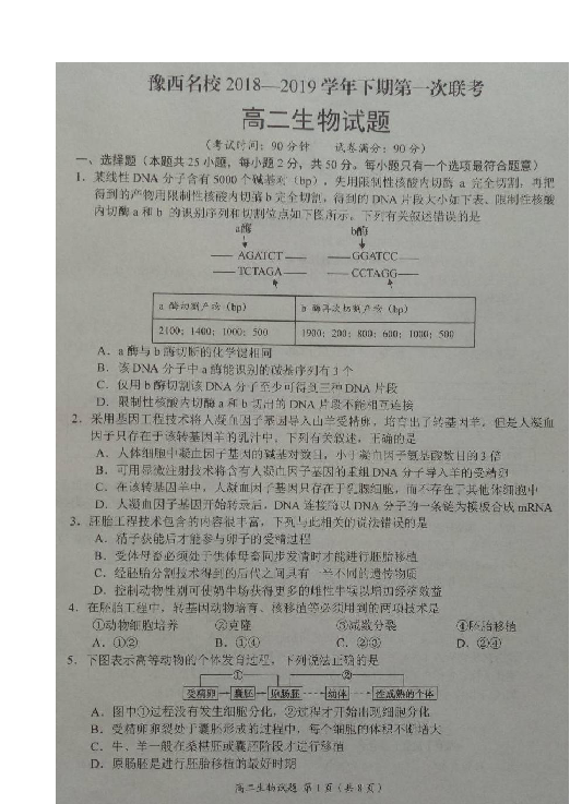 河南省豫西名校2018-2019学年高二下学期第一次联考生物试题 扫描版