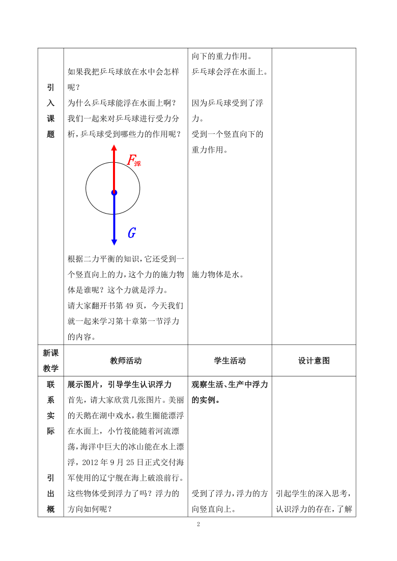 人教版八年级物理第十章第一节浮力教案