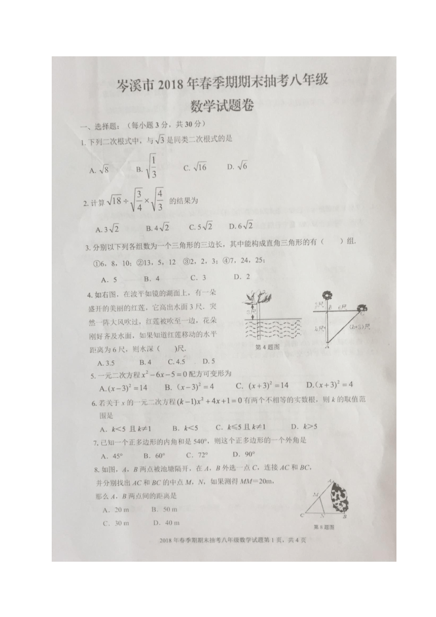 广西岑溪市2017-2018学年八年级下学期期末考试数学试题（图片版 含答案）