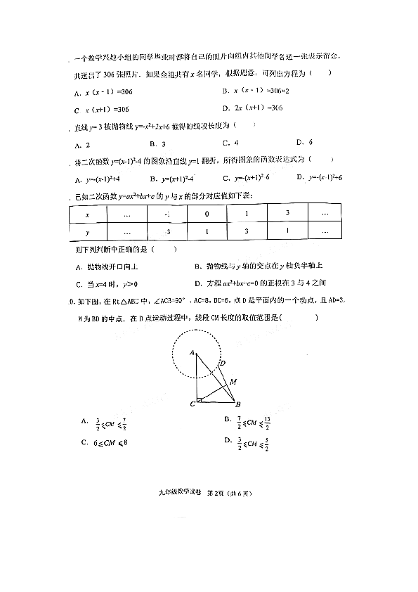 2019-2020学年湖北省武汉市洪山区九年级上学期期中数学试卷（PDF图片版，含答案）