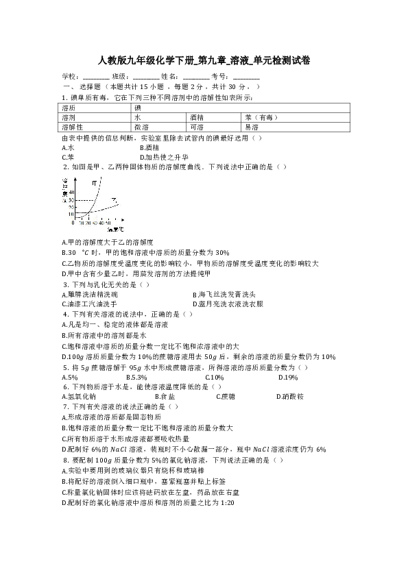 人教版九年级化学下册_第九单元 溶液_单元检测试卷（有答案）