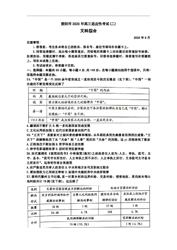 贵州省贵阳、铜仁、六盘水、黔南州2020届高三6月高考适应性考试（二）文科综合历史试题 Word版含答案