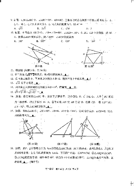 江苏省苏州市相城区2019-2020学年八年级上学期期中调研测试数学卷（pdf版无答案）