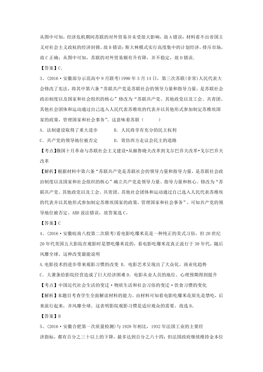 2016年安徽省名校高三历史试题重组测试03（世界现代）