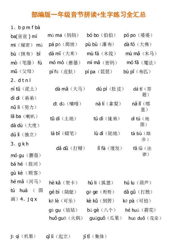 部编版一年级音节拼读字练习全汇总