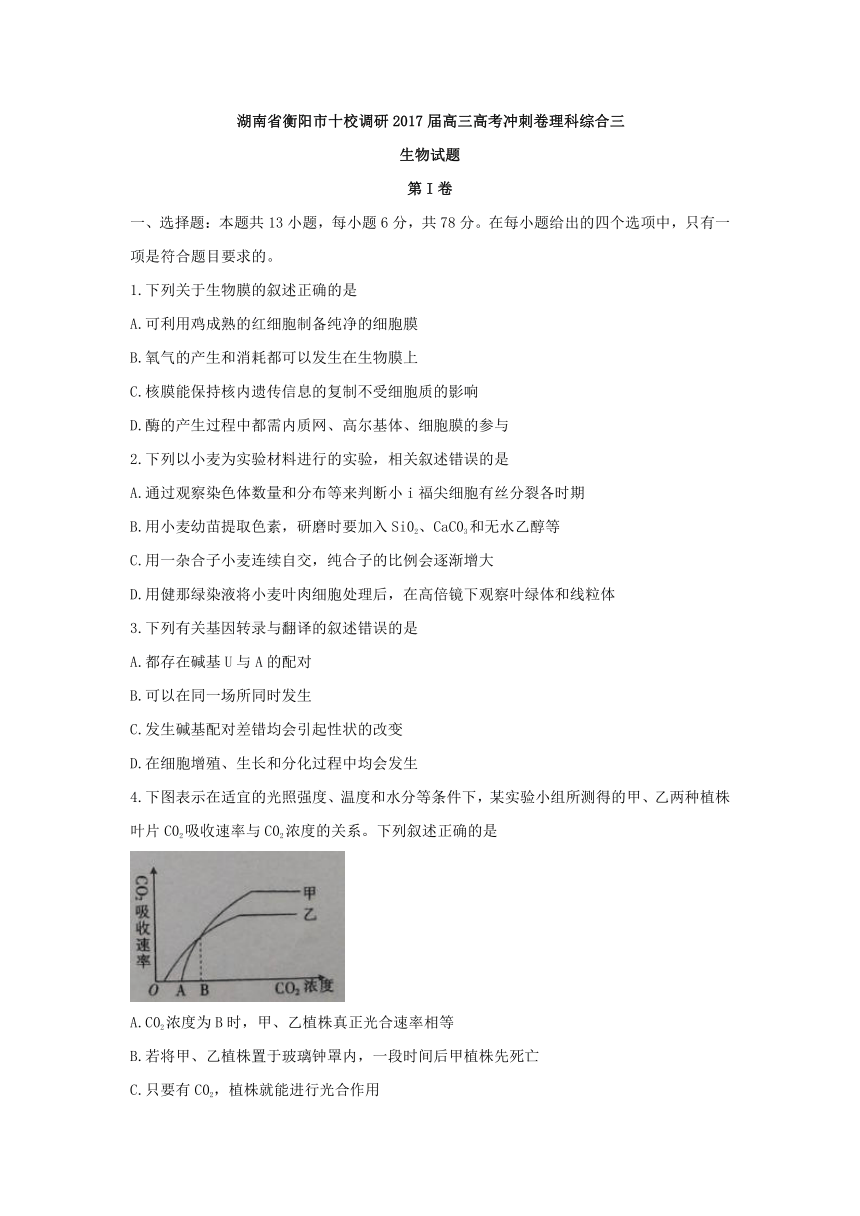 湖南省衡阳市十校调研2017届高三高考冲刺卷理科综合生物试题