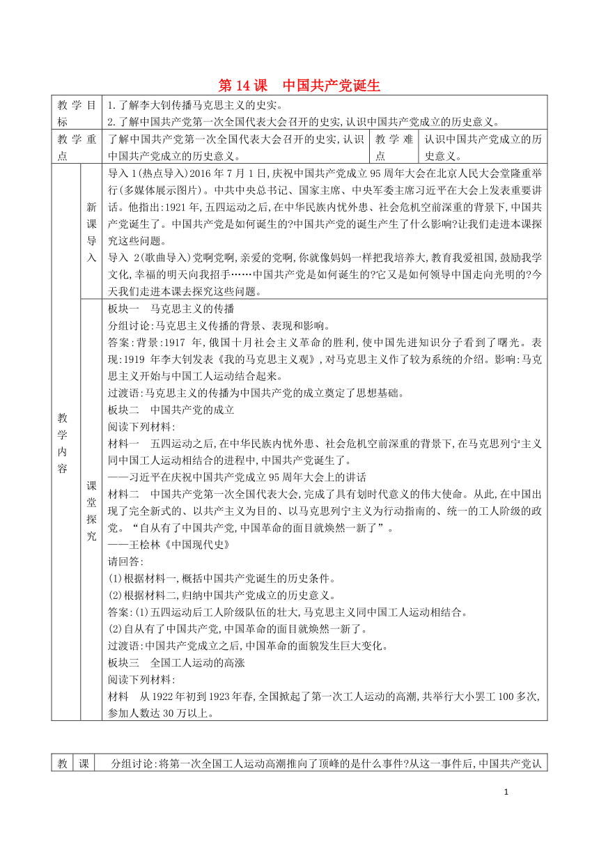 八年级历史上册第14课中国共产党诞生教案部编版