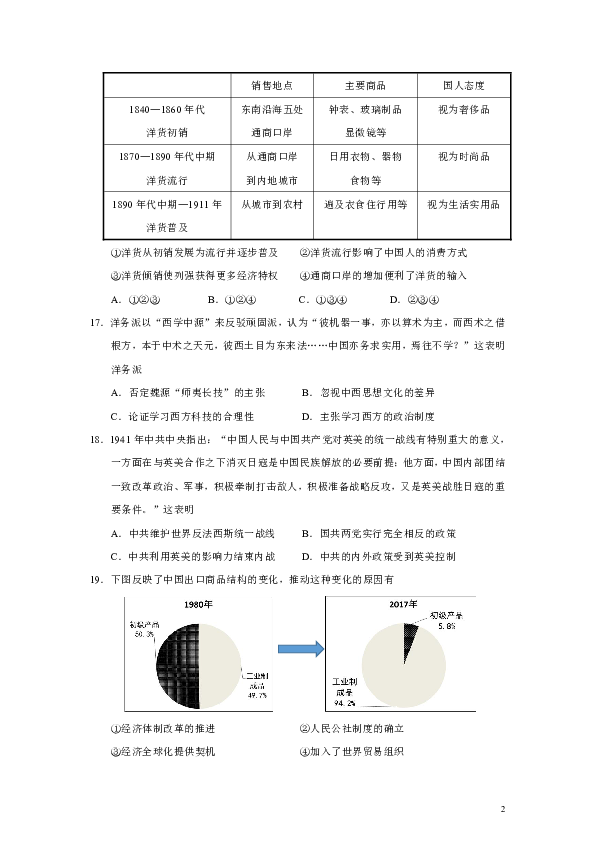 北京市东城区2019届高三下学期综合练习（二）文综历史试题