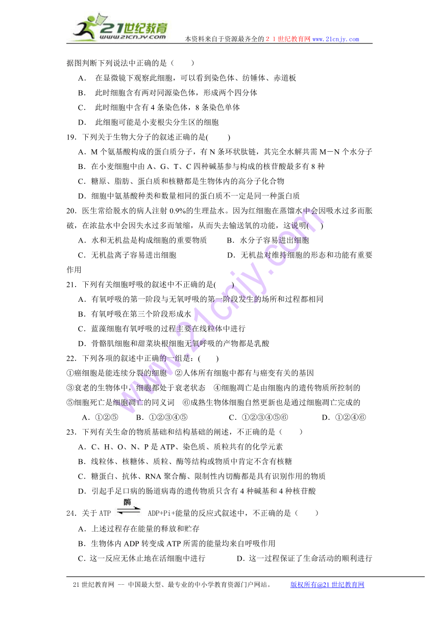 宁夏贺兰县2013届高三第一次联考生物试题 Word版无答案