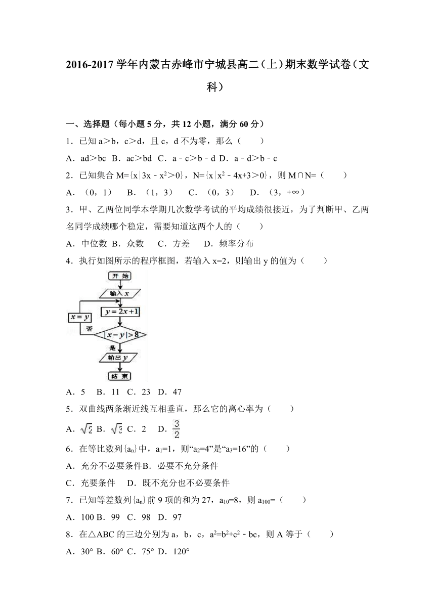 内蒙古赤峰市宁城县2016-2017学年高二（上）期末数学试卷（文科）（解析版）