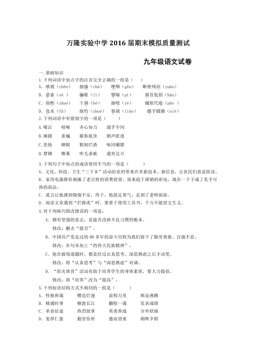 山东省夏津县万隆实验中学2016届九年级期末模拟检测语文试题