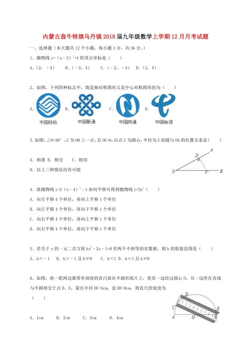 内蒙古翁牛特旗乌丹镇2017-2018学年九年级数学上学期12月月考试题（解析版）