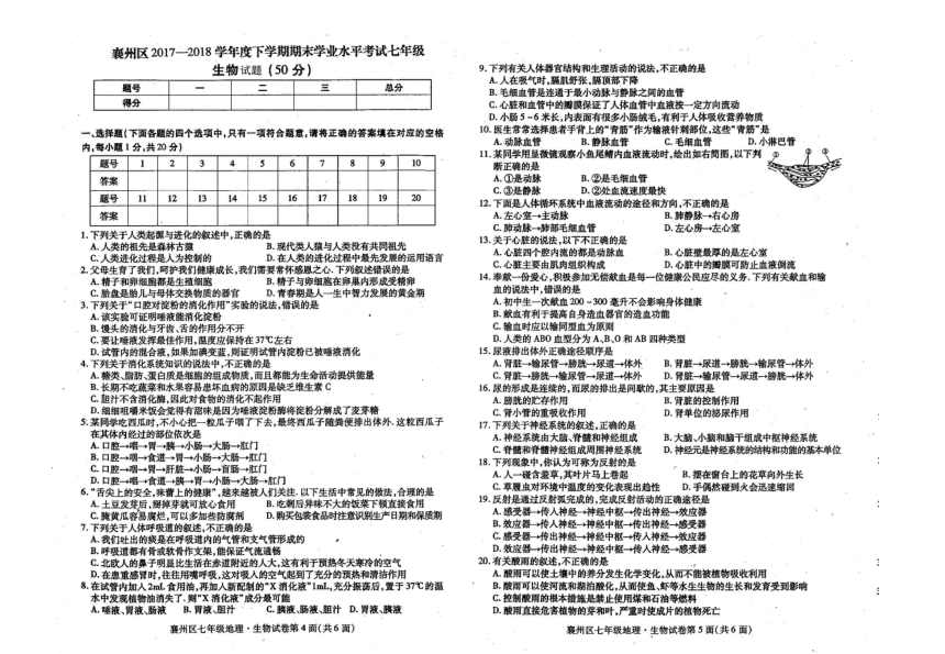 湖北省襄州区2017-2018学年七年级下学期期末考试生物试题（扫描版，含答案）