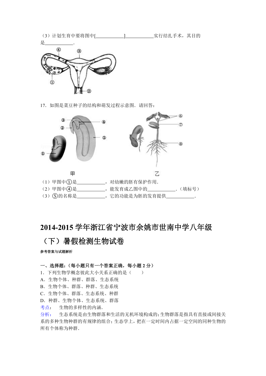 2014-2015学年浙江省宁波市余姚市世南中学八年级（下）暑假检测生物试卷（答案解析）