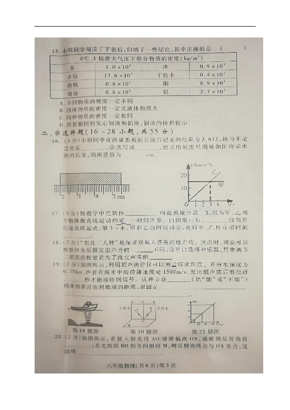 黑龙江省哈尔滨市双城区2018-2019学年八年级上学期期末考试物理试题（图片版，含答案）