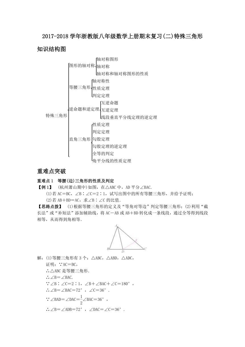 2017-2018学年浙教版八年级数学上册期末复习(二)特殊三角形（答案版)