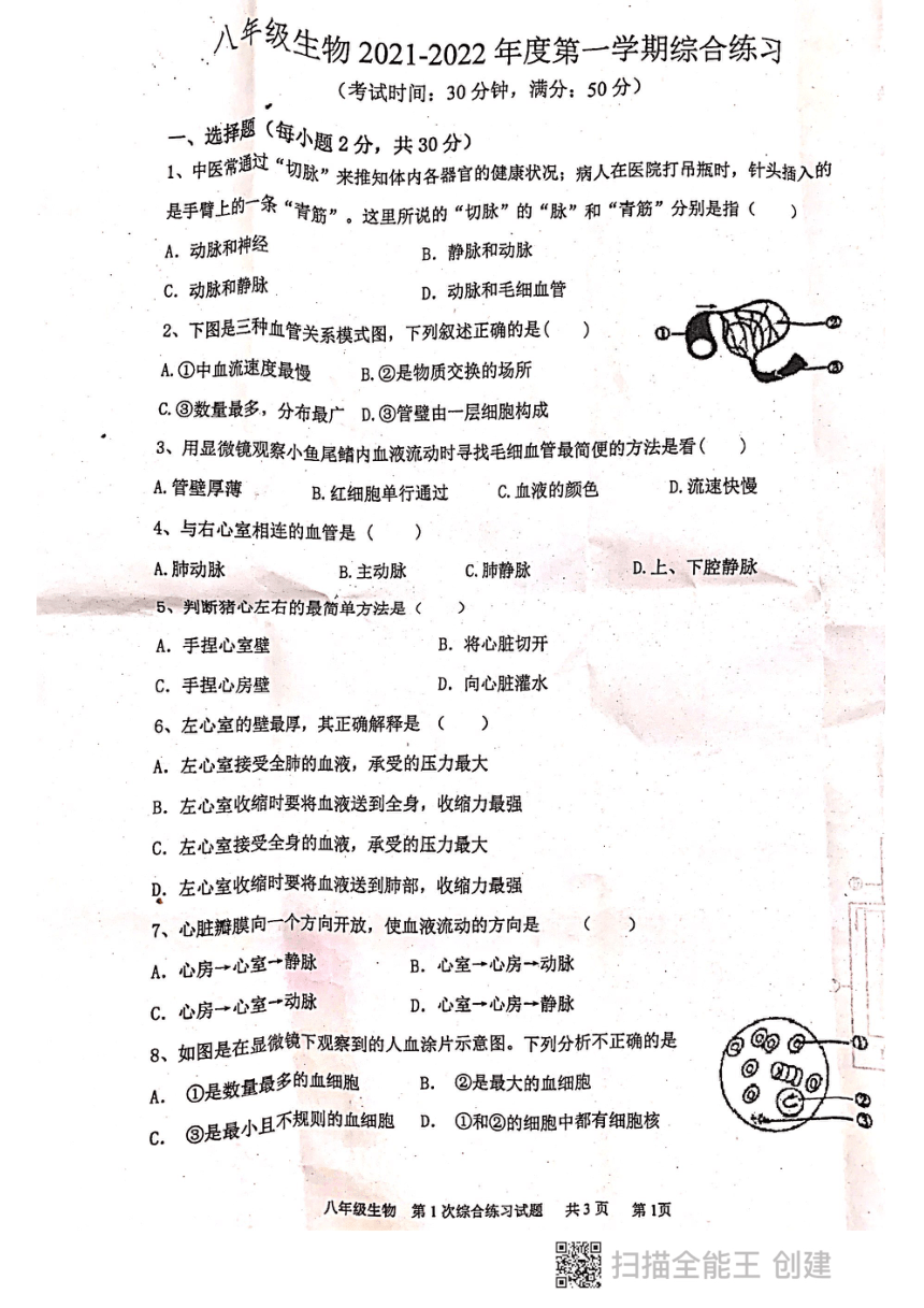 江苏省徐州市经济开发区实验学校2021-2022学年上学期八年级生物月考试卷(pdf版 无答案)