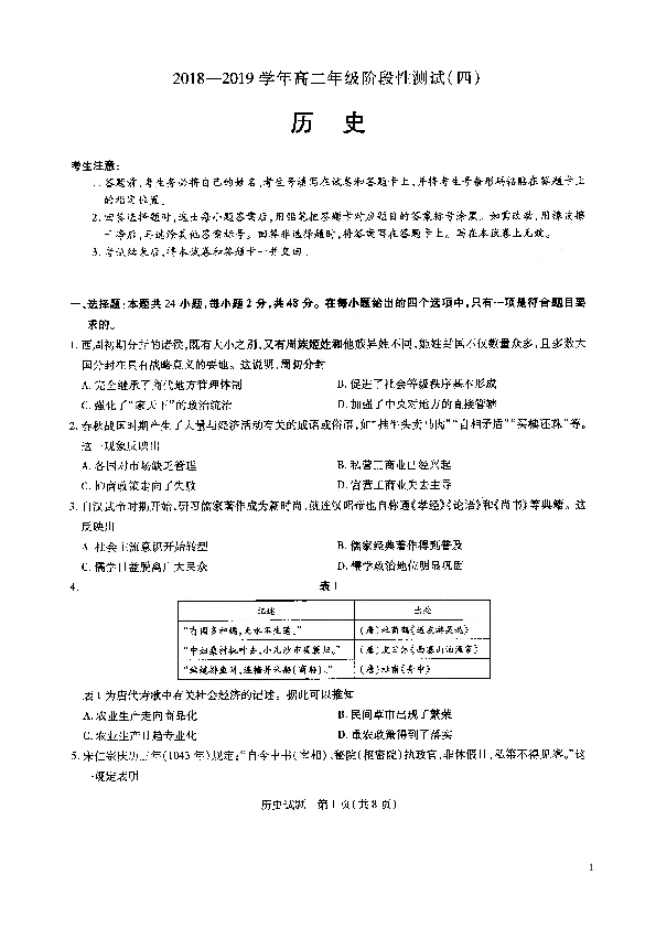 河南省名校大联考2018-2019学年高二下期阶段测试（四）（期末考试）历史试题（扫描版）