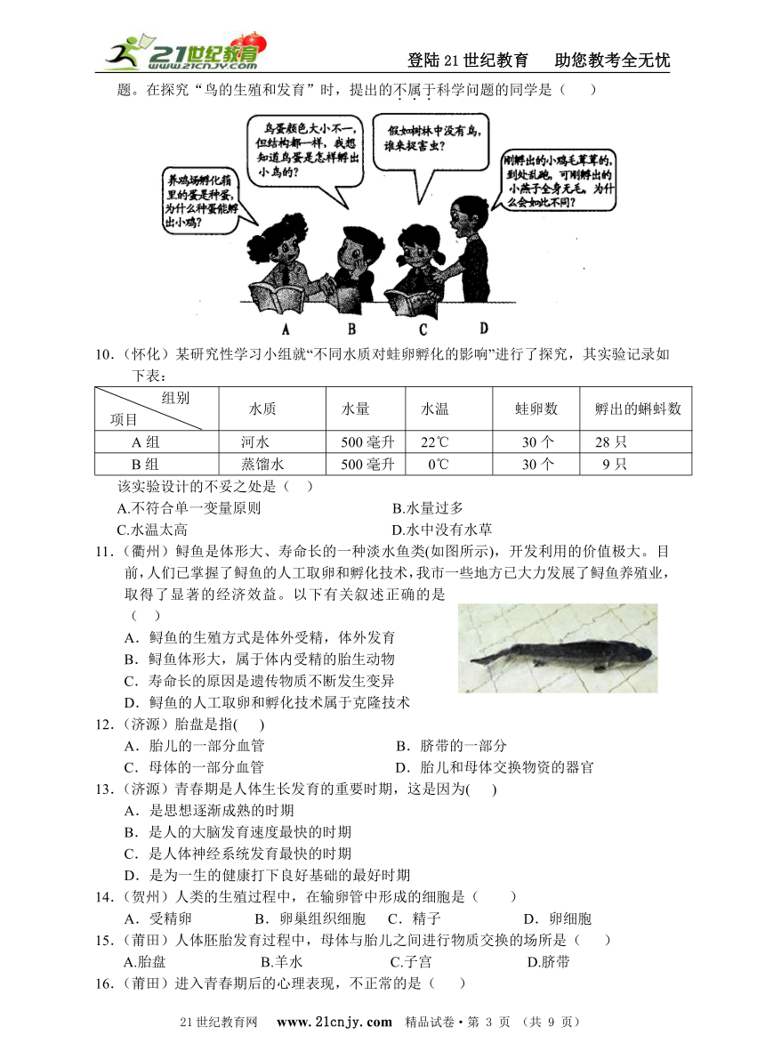 满分科学考点分类汇编之八：人类的生殖与发育