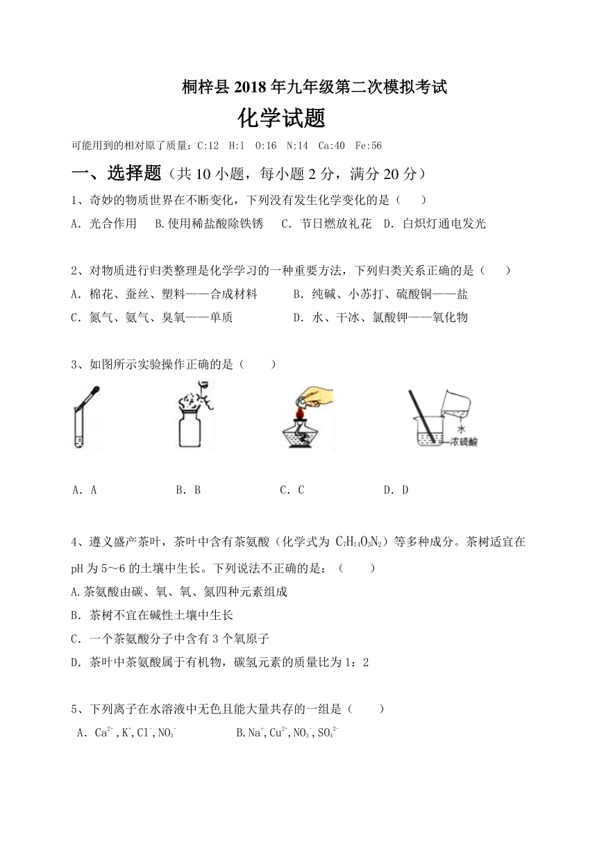 贵州省遵义市桐梓县2018届九年级下学期第二次模拟考试化学试题