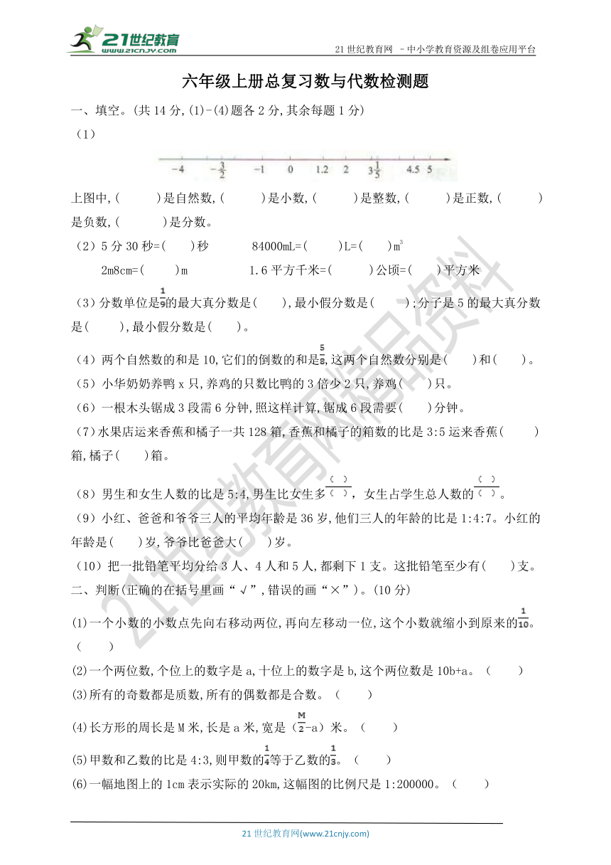 六年级下册总复习数与代数检测卷（含答案）