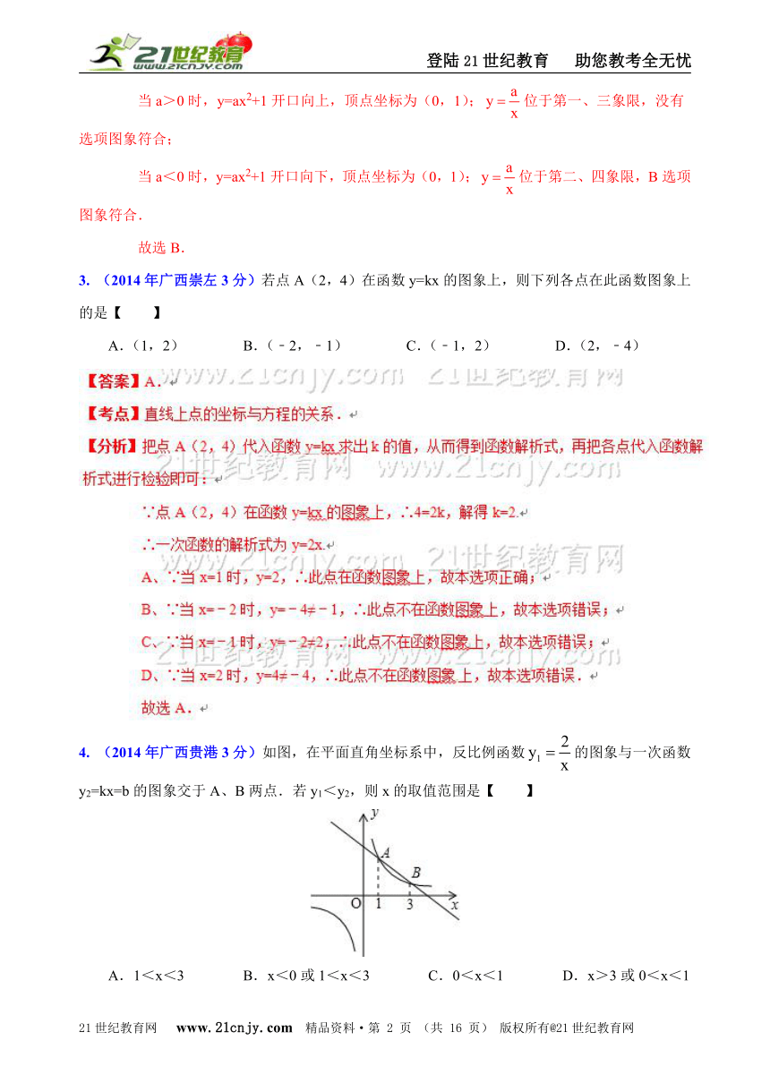 广西自治区13市州2014年中考数学试题分类解析汇编（16专题）专题4：函数之一次函数和反比例函数问题