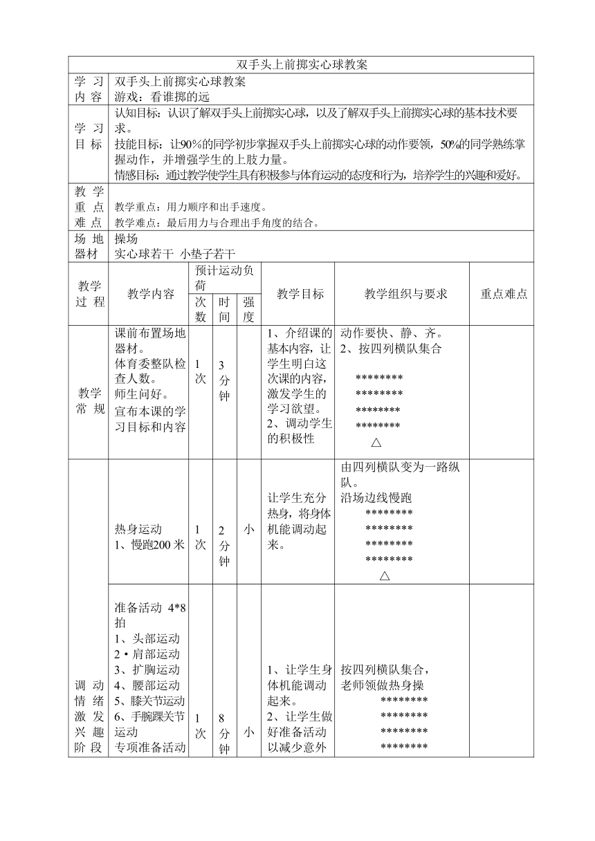 双手头上前掷实心球教案20212022学年人教版初中体育与健康八年级全一