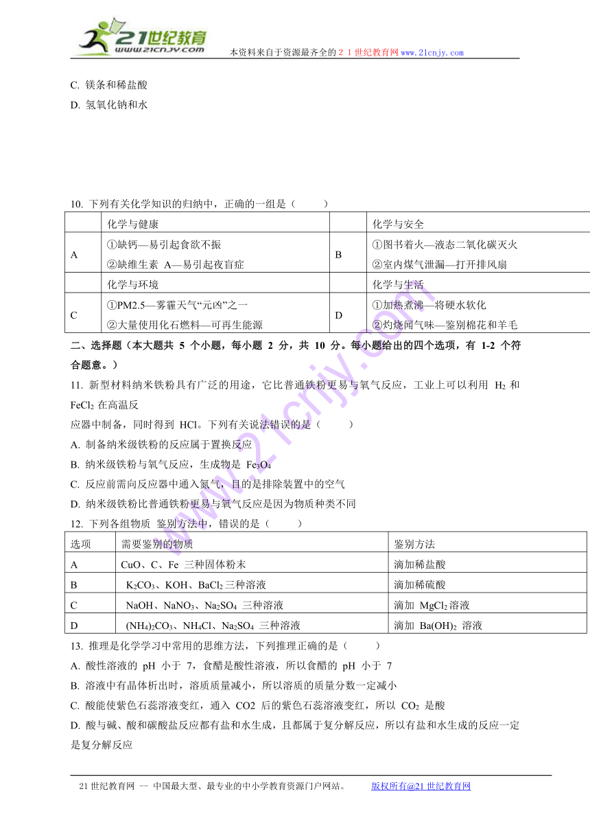 2018年天津市河西区九年级模拟考试（二）化学试题（WORD版）