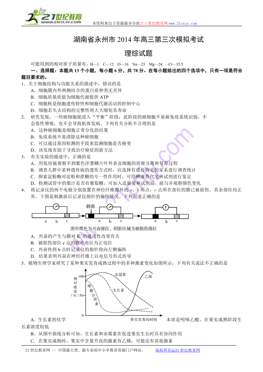 湖南省永州市2014年高三第三次模拟考试理综试题