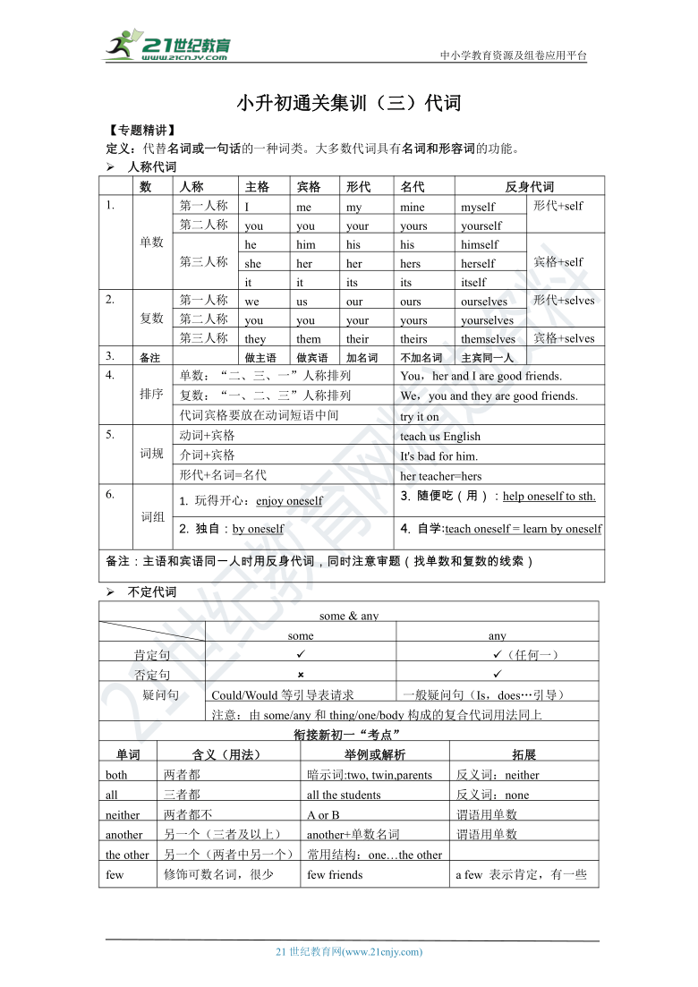 小升初英语通关集训3. 代词复习学案（含答案及解析）