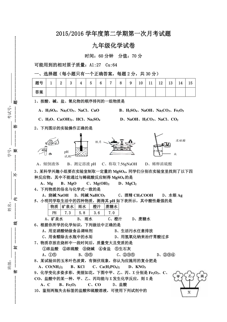 江苏省盐城市盐都区西片2016届九年级下学期第一次月考化学试题