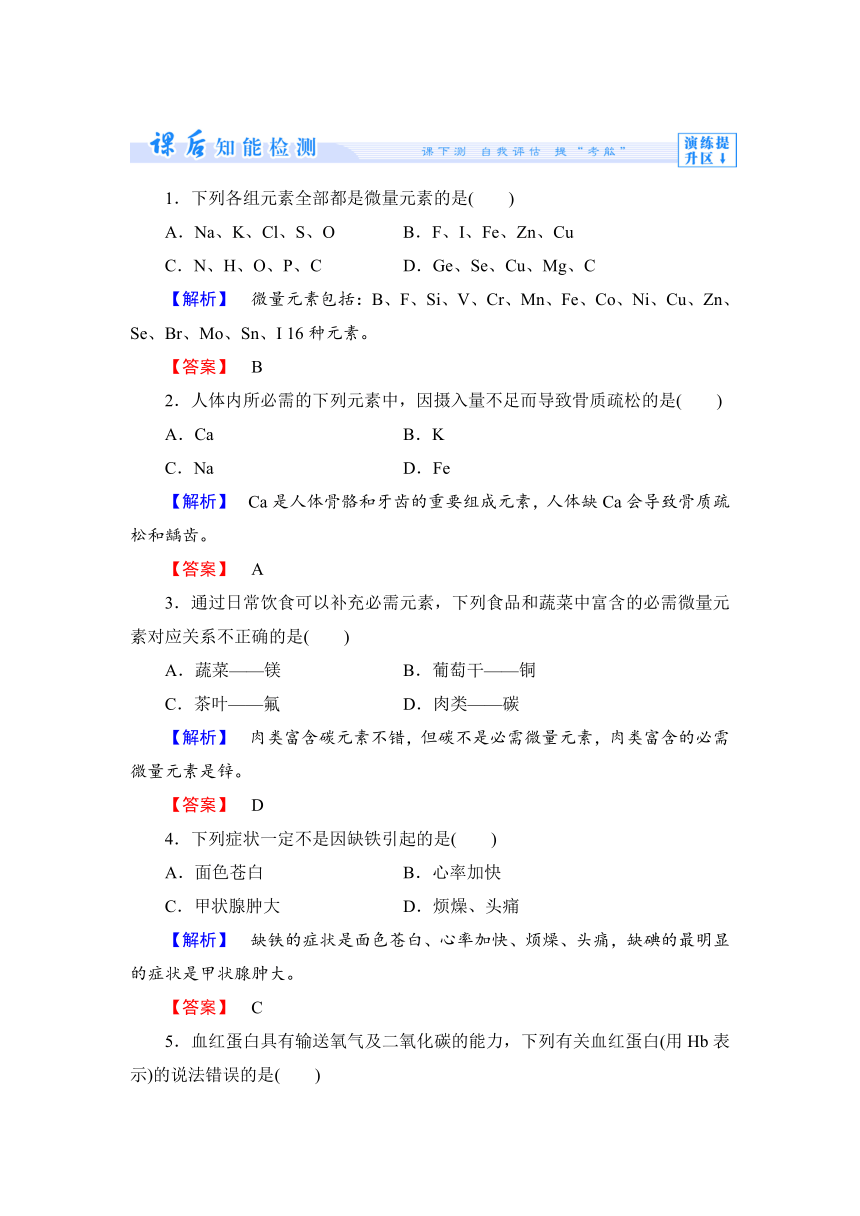 【课堂新坐标，同步备课参考】2013-2014学年高中化学（苏教版）选修1课时作业：专题2第1单元 摄取人体必需的化学元素