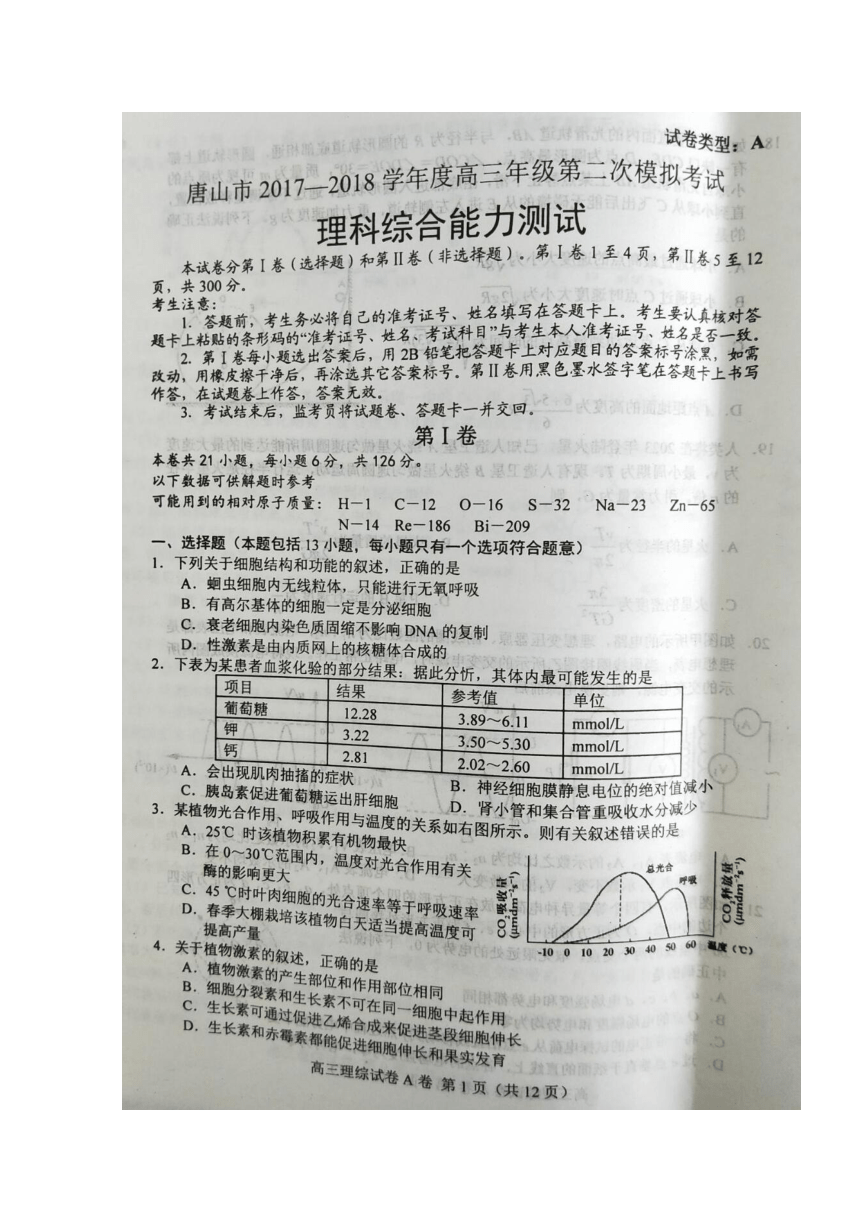 河北省唐山市2018届高三第二次模拟考试理科综合试题 扫描版含答案