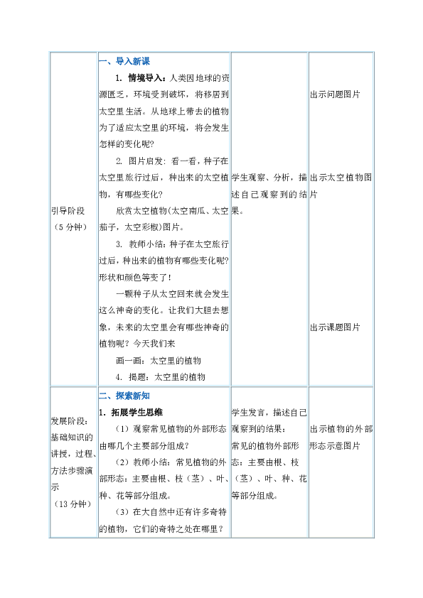 一年级下册美术教案第11课《太空里的植物》人教新课标